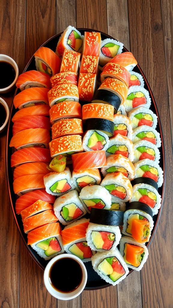 A gorgeous display of giant sushi rolls filled with fish and vegetables, garnished with sesame seeds and served with dipping sauces.